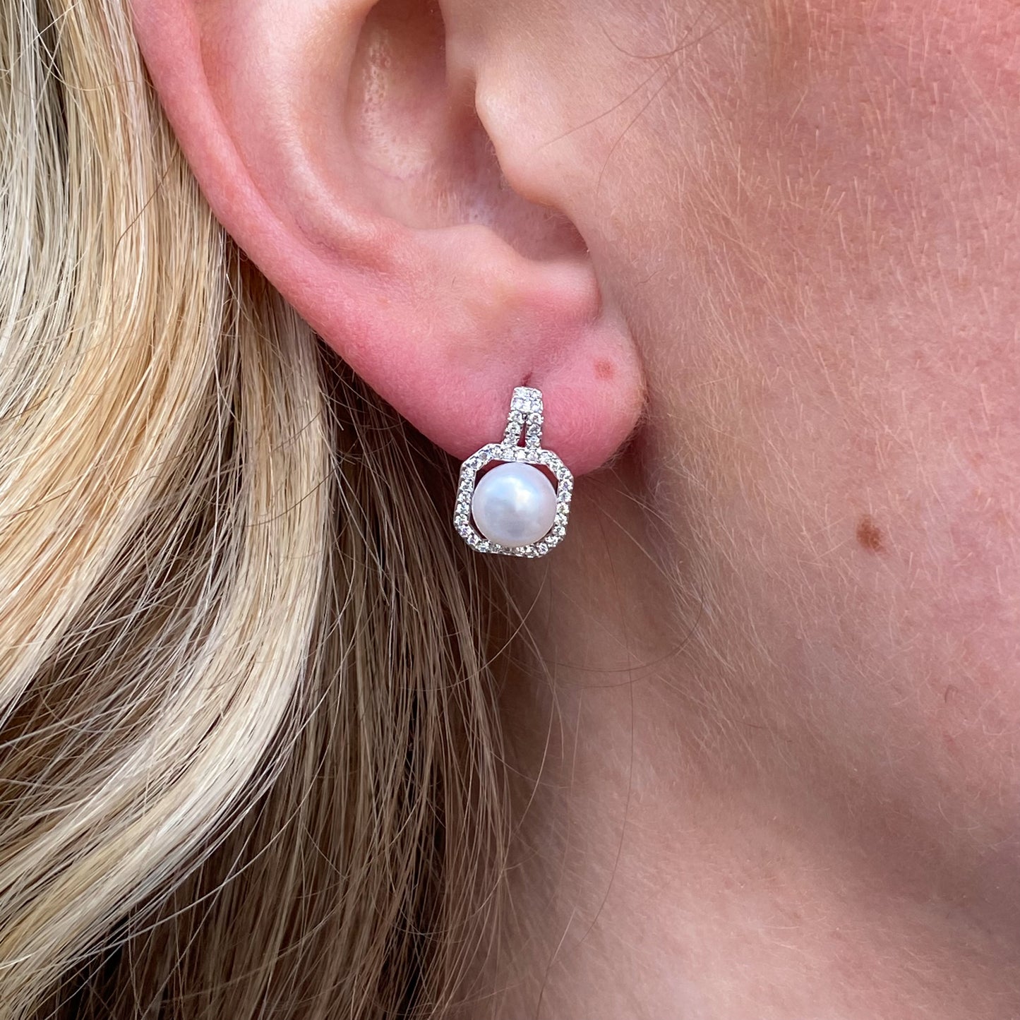 Silver Freshwater Pearl Button Stud Earrings | Square Halo - John Ross Jewellers