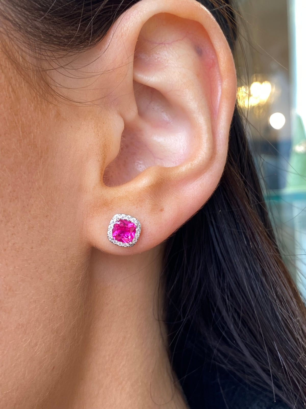 Silver Square Halo CZ Stud Earrings | Created Ruby