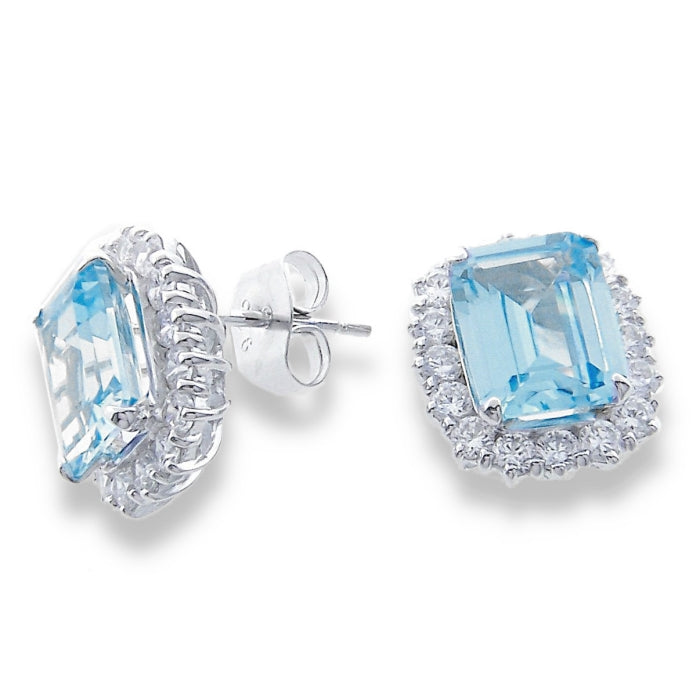 Silver Aqua Blue CZ Statement Halo Stud Earrings - John Ross Jewellers