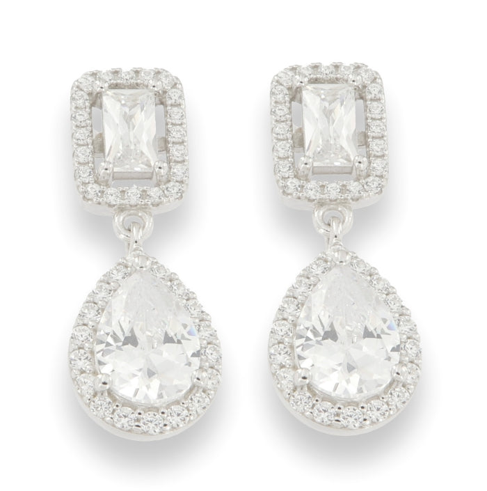Silver Pear & Radiant Halo CZ Drop Earrings - John Ross Jewellers