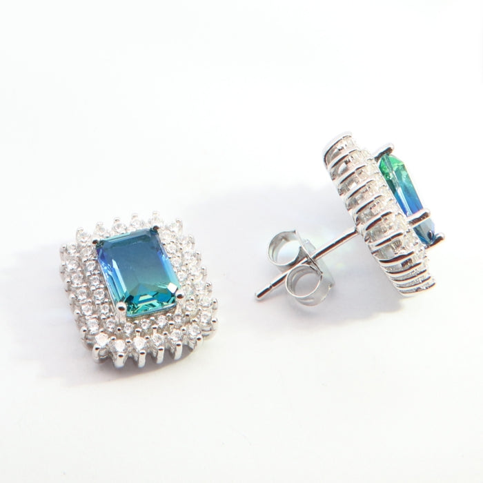 Silver Aqua Blue & CZ Statement Halo Stud Earrings - John Ross Jewellers