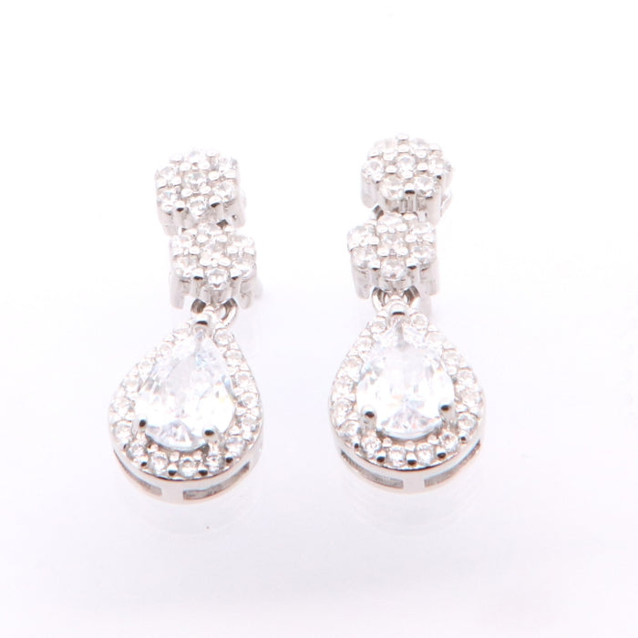 Silver CZ Double Halo Drop Earrings - John Ross Jewellers