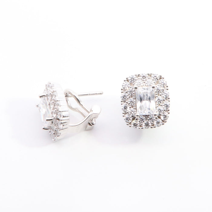 Silver Emerald Cut CZ Double Halo Stud Earrings - John Ross Jewellers