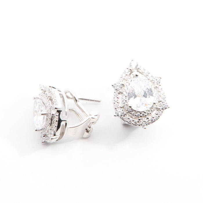 Silver Decorative Pear Halo CZ Stud Earrings - John Ross Jewellers