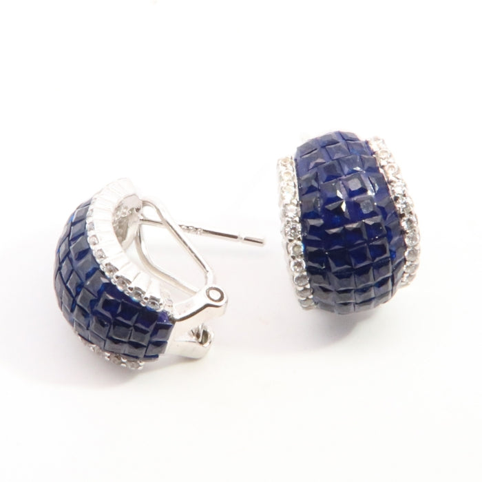 Silver Sapphire Blue Clip J. Hoop Earrings