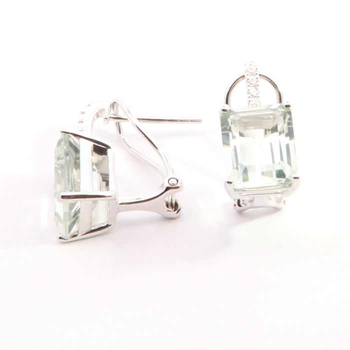 Silver Green Amethyst Emerald Cut Clip Stud Earrings