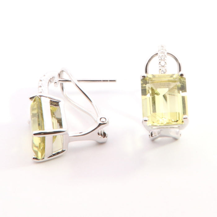 Silver Peridot Emerald Cut Clip Stud Earrings
