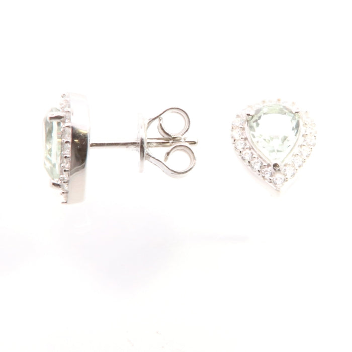 Silver Green Amethyst & CZ Pear Halo Stud Earrings