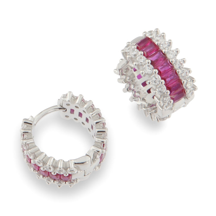 Silver Spikey Wide CZ Huggie Hoop Earrings | Ruby Red - John Ross Jewellers