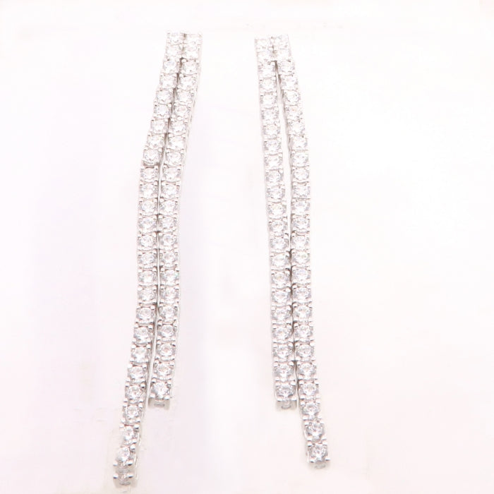 Silver Two Row CZ Long Drop Earrings - John Ross Jewellers