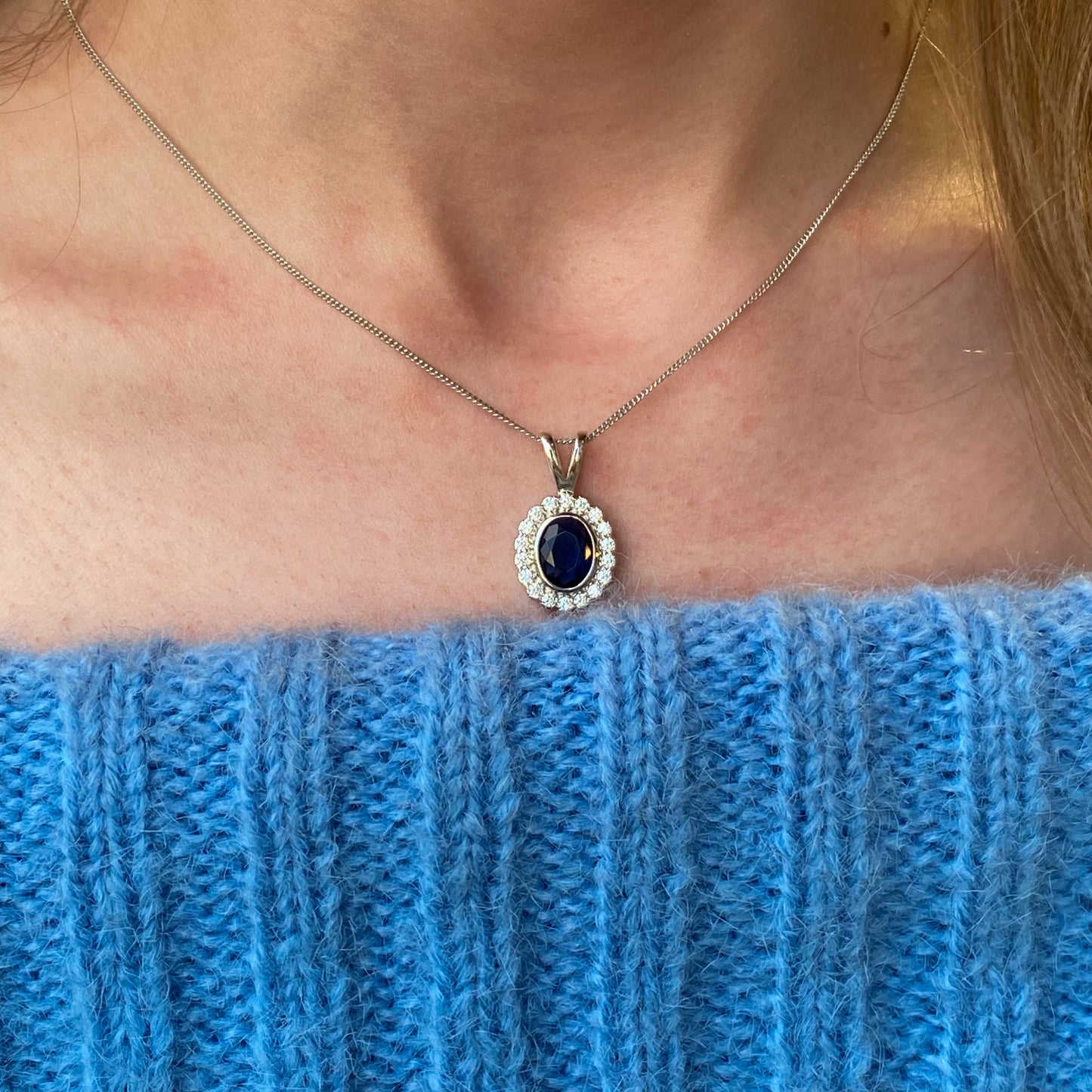 Silver Created Sapphire & CZ Oval Cluster Pendant Necklace - John Ross Jewellers