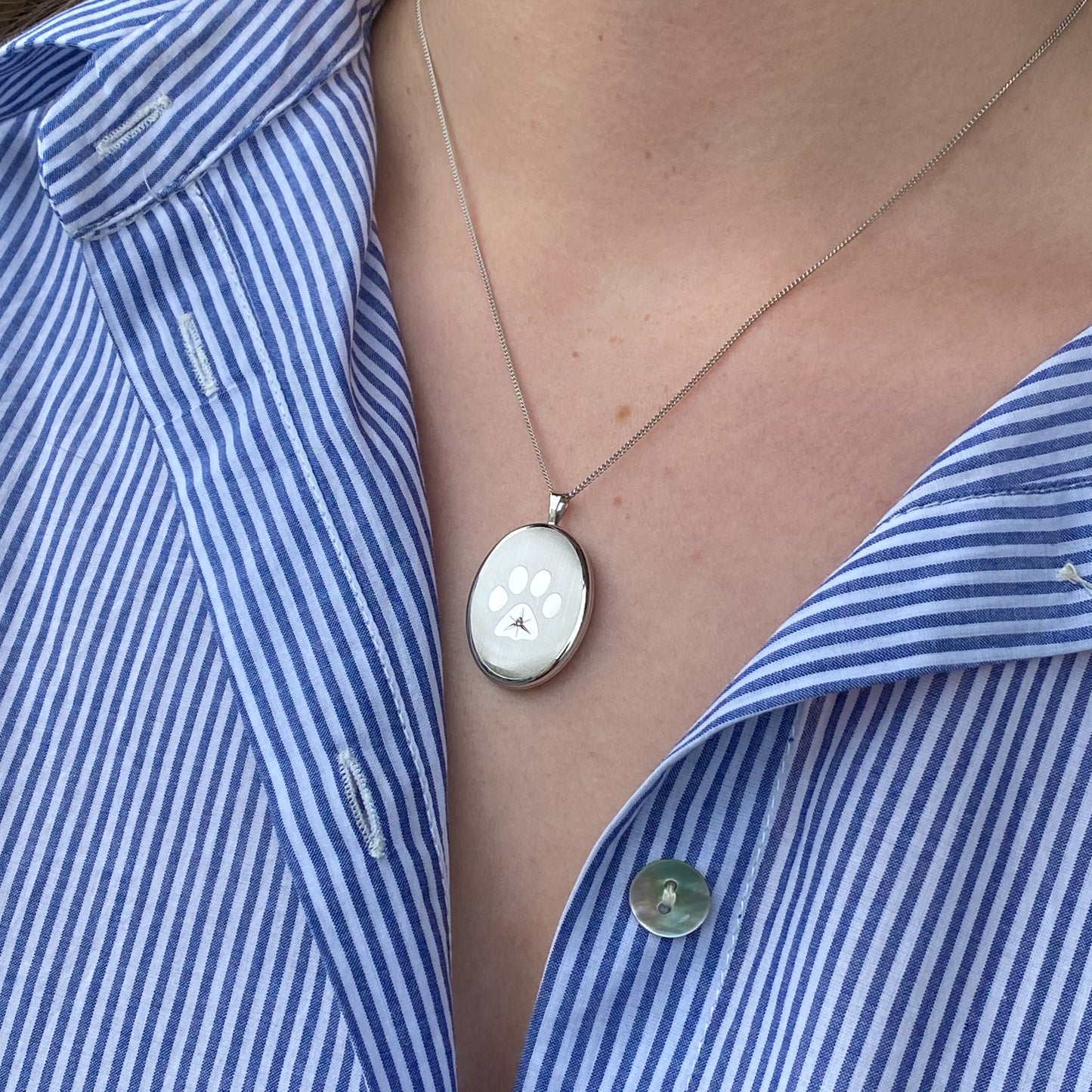 Silver Paw Print CZ Set Oval Locket and Chain - John Ross Jewellers