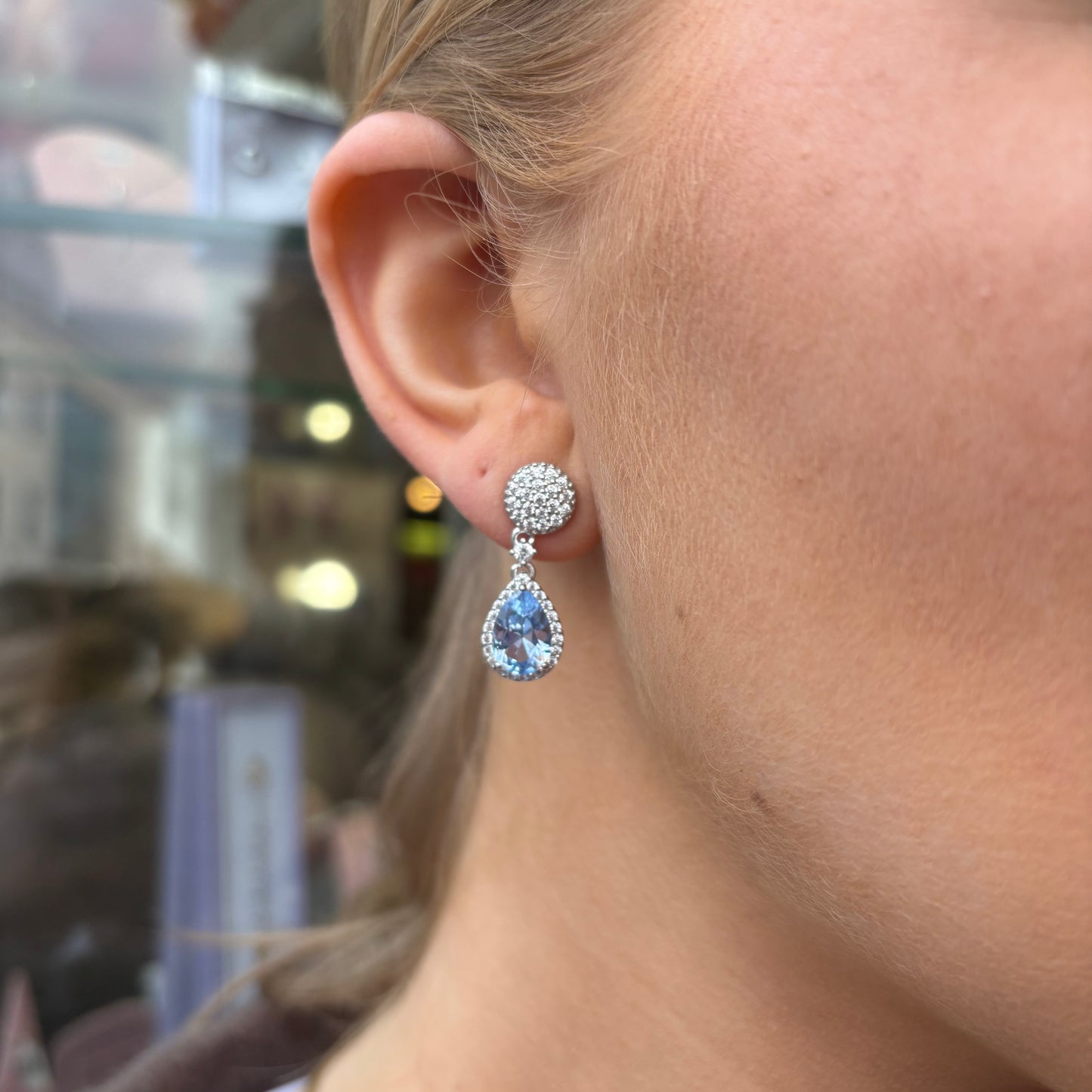 Silver Aqua Pear CZ Drop Earrings - John Ross Jewellers