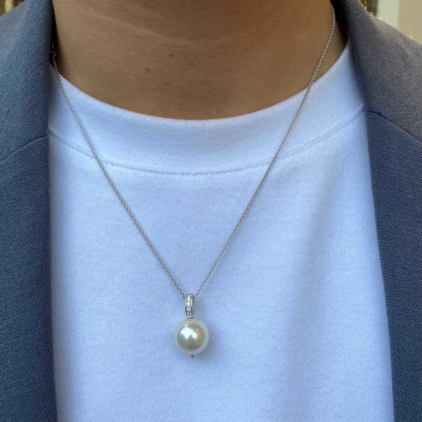 Silver Faux Pearl & CZ Necklace | 12mm - John Ross Jewellers