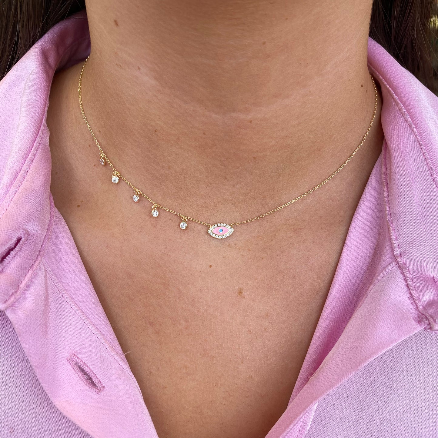 Sunshine Pink Enamel Evil Eye Necklace - John Ross Jewellers