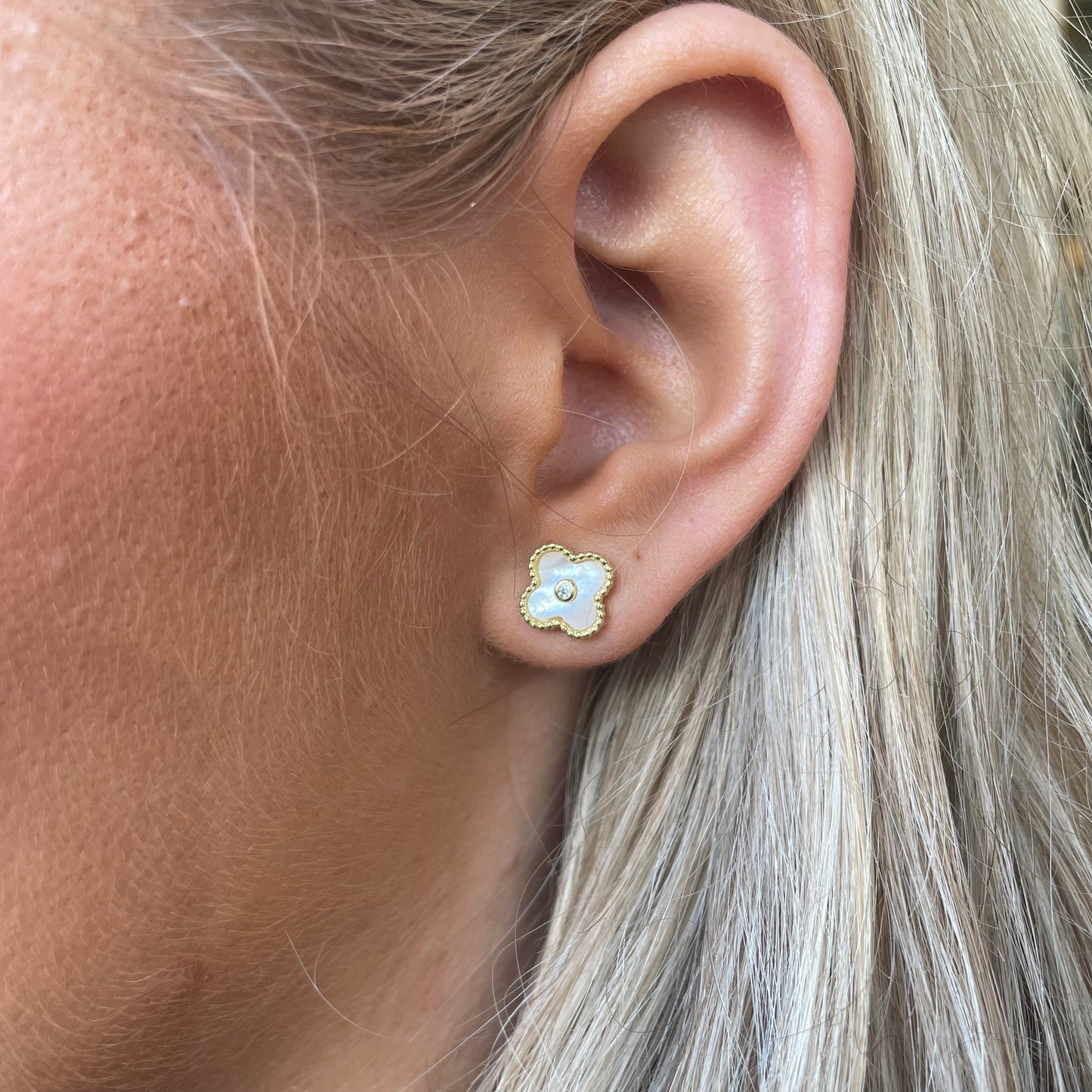 Sunshine Mother of Pearl & CZ Quatrefoil Stud Earrings - John Ross Jewellers