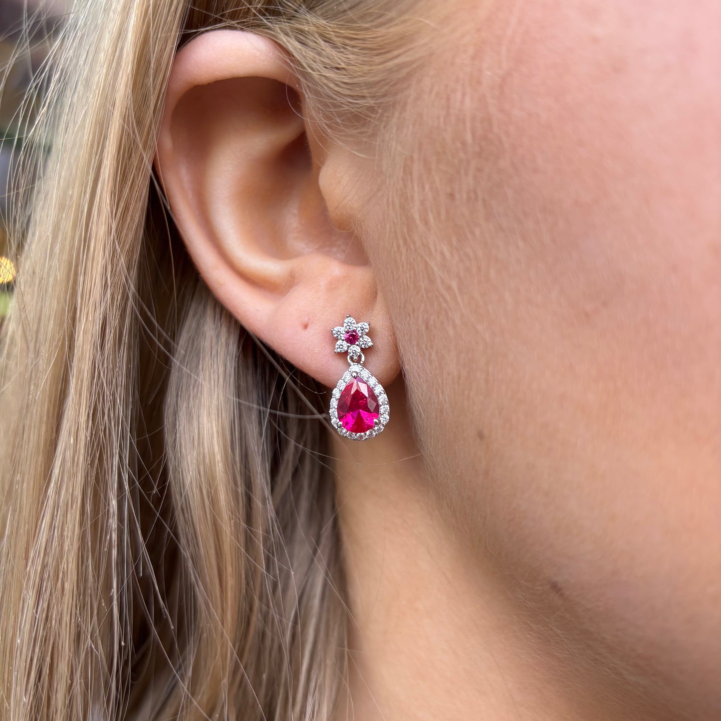 Silver Ruby Red Pear CZ Drop Earrings - John Ross Jewellers