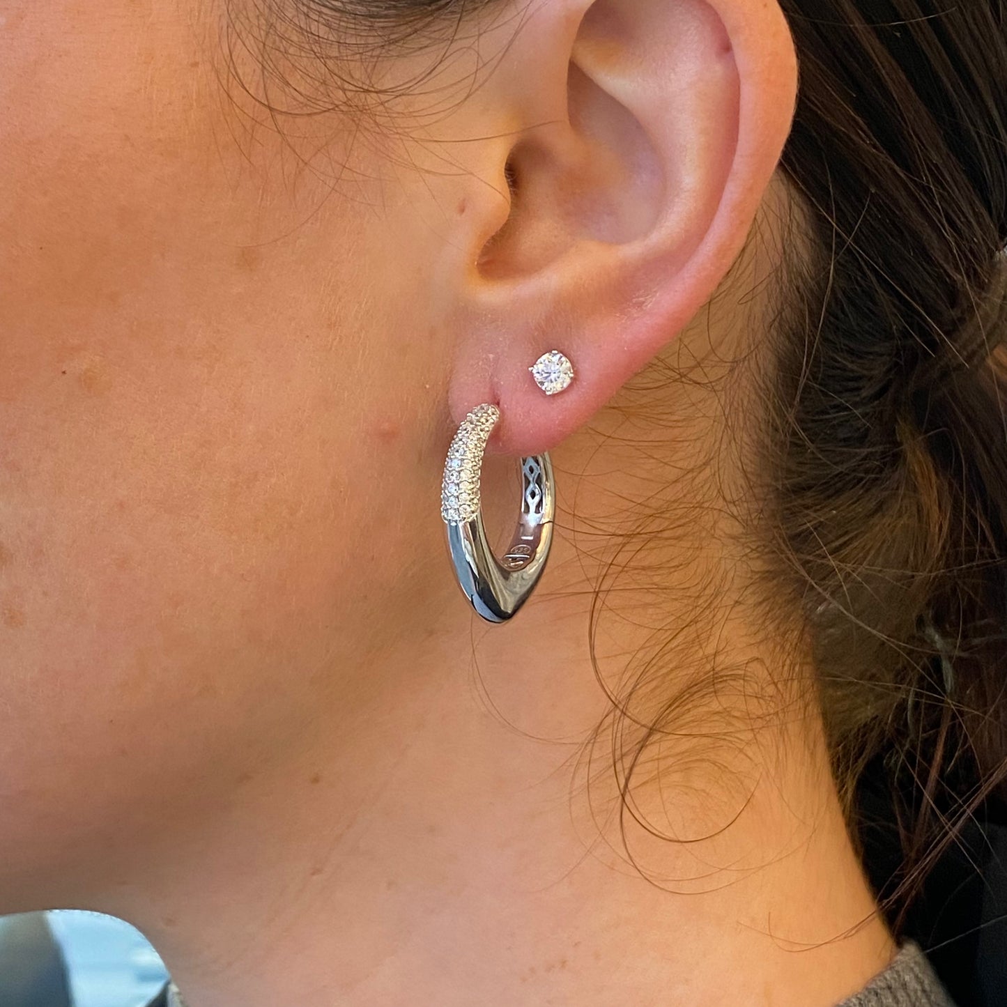 Silver Pave CZ Pointed Hoop Earrings | 20x23.5mm - John Ross Jewellers