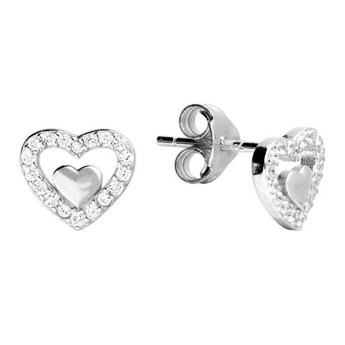 Silver CZ Two Heart Stud Earrings - John Ross Jewellers