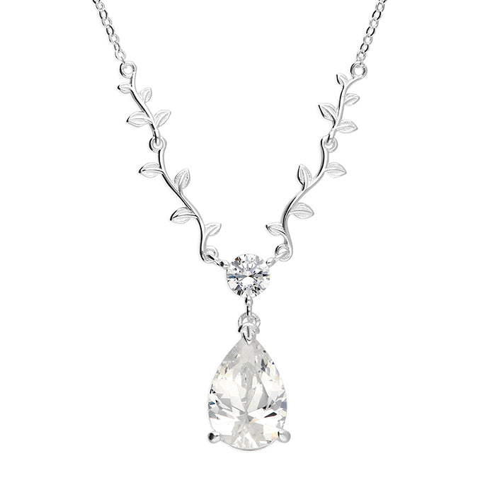 Silver Pear CZ & Leaf Necklace - John Ross Jewellers
