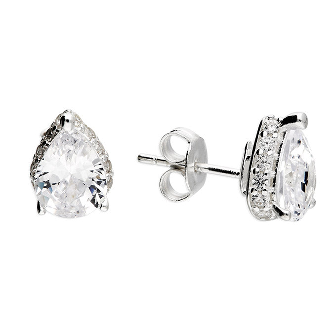 Silver Galleried Pear CZ Stud Earrings by CME featuring pear-shaped cubic zirconia stones on silver posts