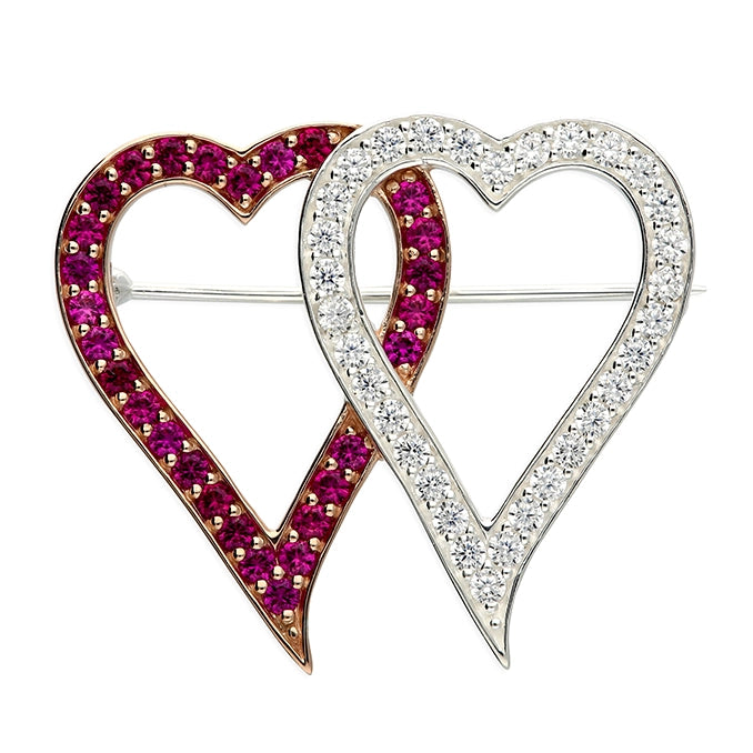 Silver Red & White CZ Two Hearts Brooch - John Ross Jewellers