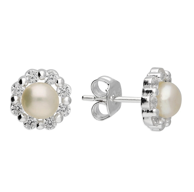 Silver Freshwater Pearl & CZ Stud Earrings - John Ross Jewellers