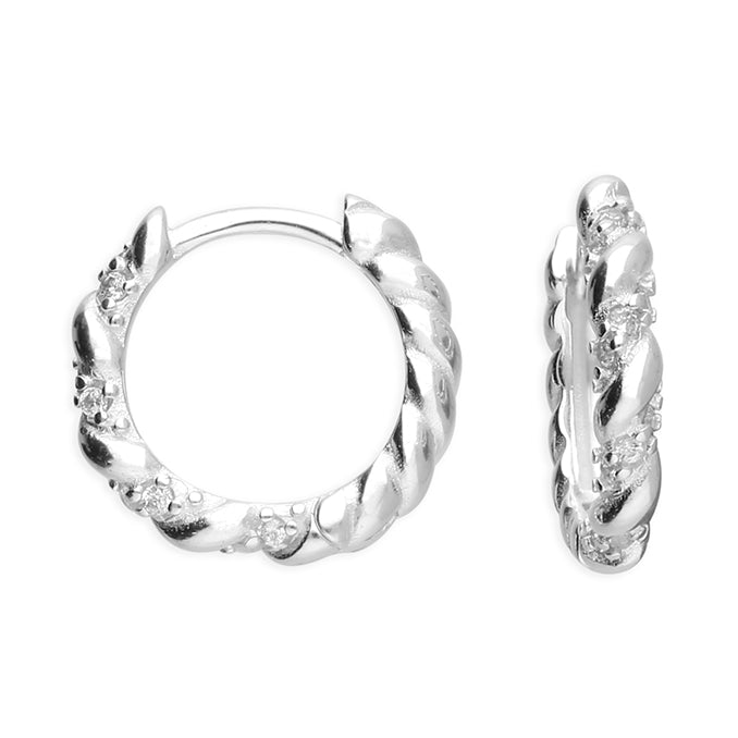 Silver Twist CZ Huggie Hoop Earrings