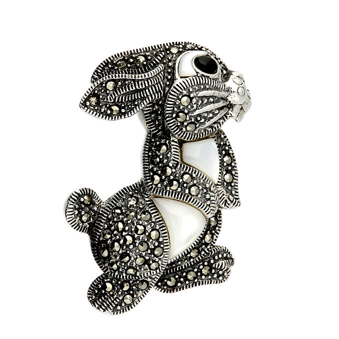 Silver Marcasite Black Agate & Mother of Pearl Bunny Brooch