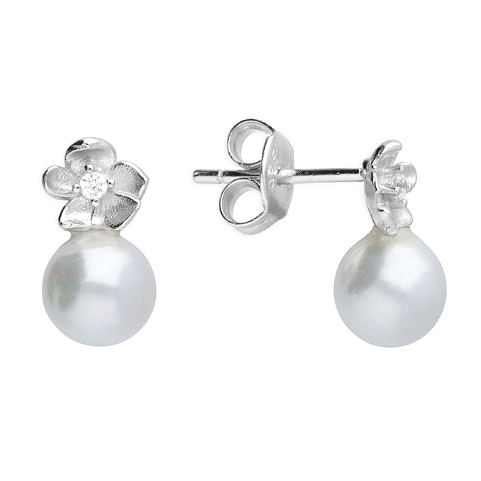 Silver Faux Pearl Flower Stud Earrings