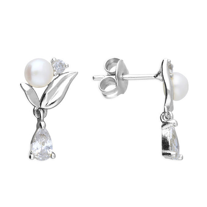 Silver Freshwater Pearl Leaf Drop Earrings - John Ross Jewellers