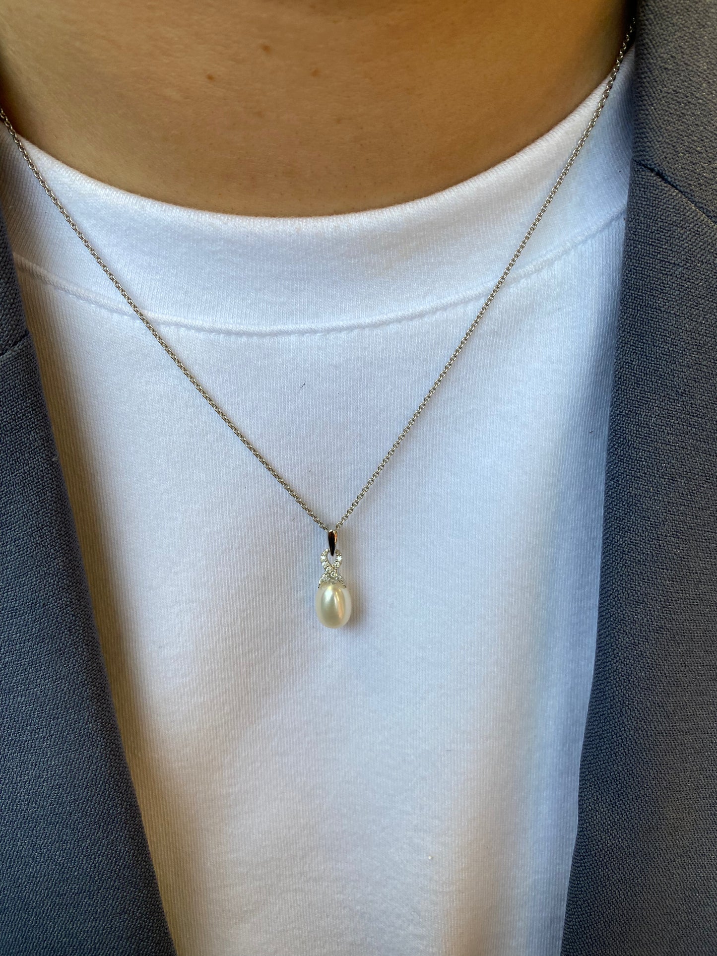 Silver Freshwater Pearl CZ Kiss Necklace - John Ross Jewellers