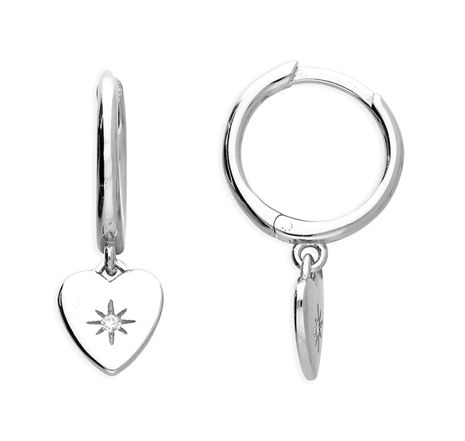 Silver Huggie Hoop Earrings | Star Set Heart Charm - John Ross Jewellers