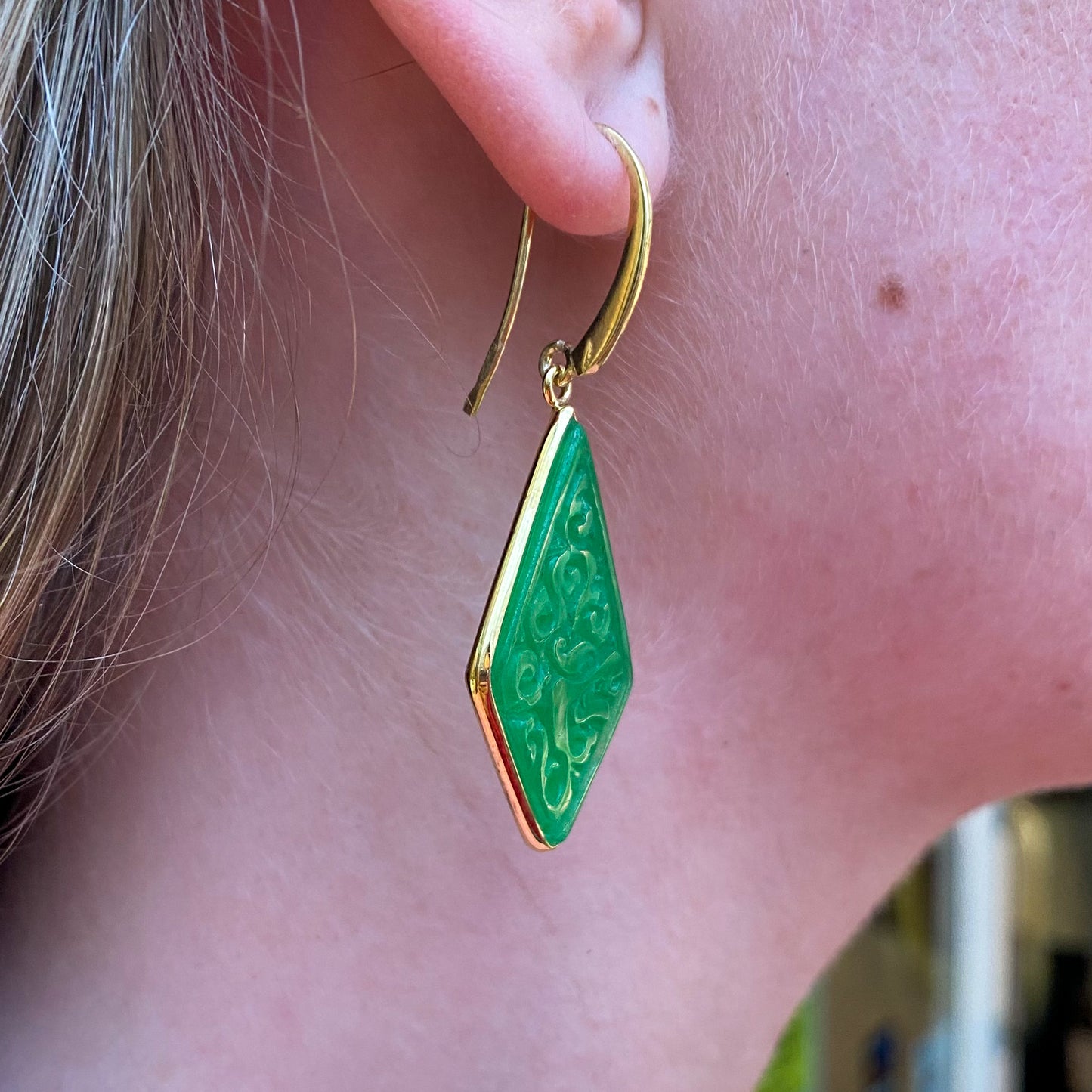 Carved Jade Kite Hook Drop Earrings - John Ross Jewellers