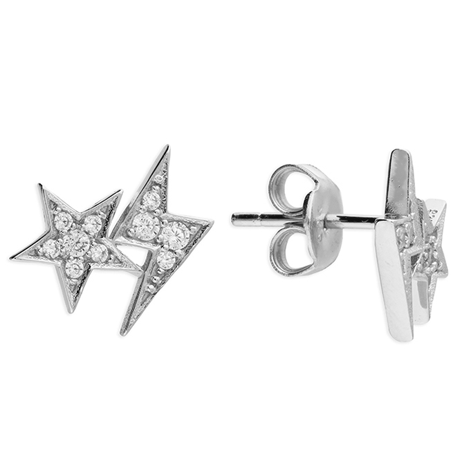 Silver CZ Lightning Star Stud Earrings - John Ross Jewellers