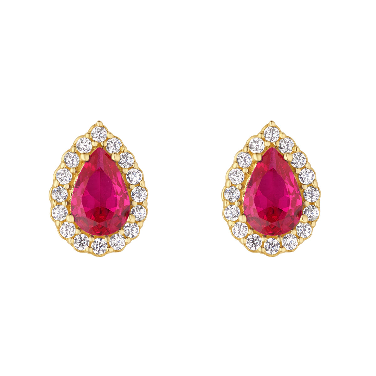 9ct Gold Created Ruby & CZ Halo Pear Stud Earrings