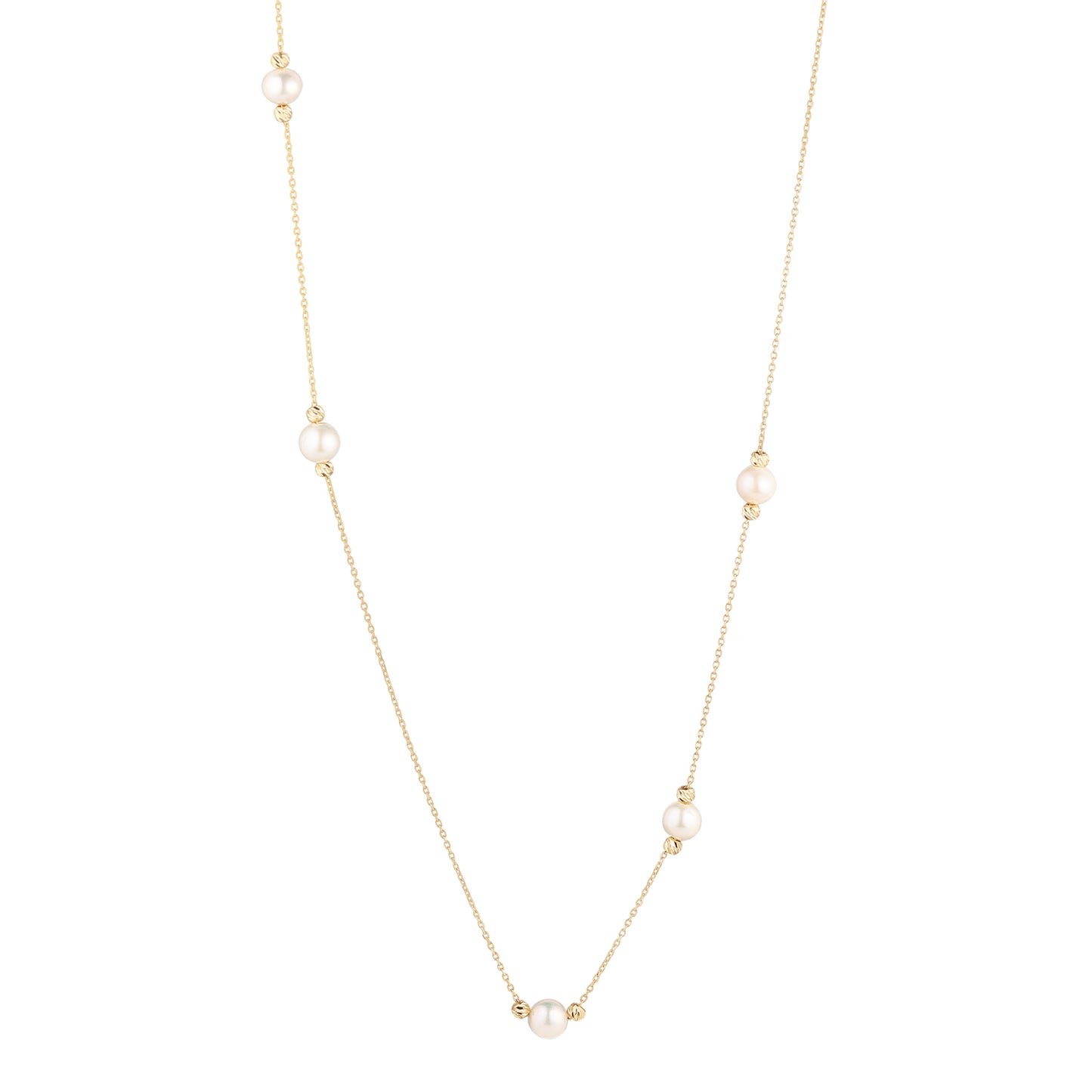 9ct Gold Freshwater Pearl & Diamond Cut Bead Station Necklace - John Ross Jewellers