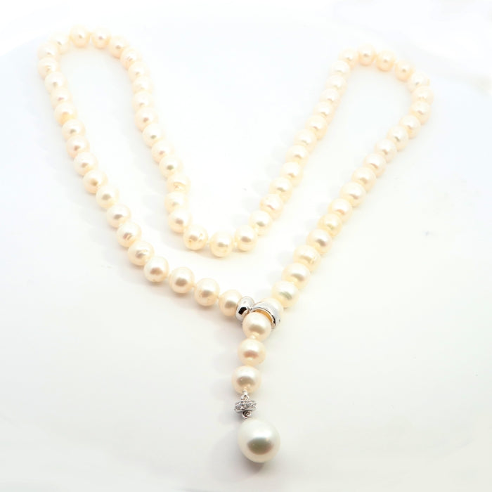 Silver Freshwater Pearl & CZ Lariat Necklace - John Ross Jewellers