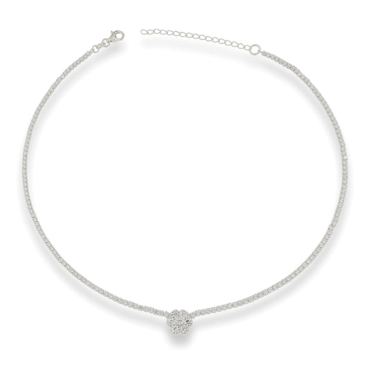 Silver Floral Centrepiece Choker Tennis Necklace | 34.5+5cm - John Ross Jewellers