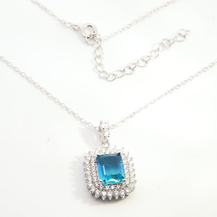 Silver Blue Emerald Cut Double Halo Necklace - John Ross Jewellers