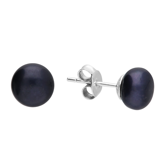 Silver Black Freshwater Pearl 8mm Button Stud Earrings