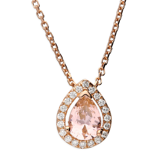 Rose Silver Morganite Pink Pear CZ Halo Necklace