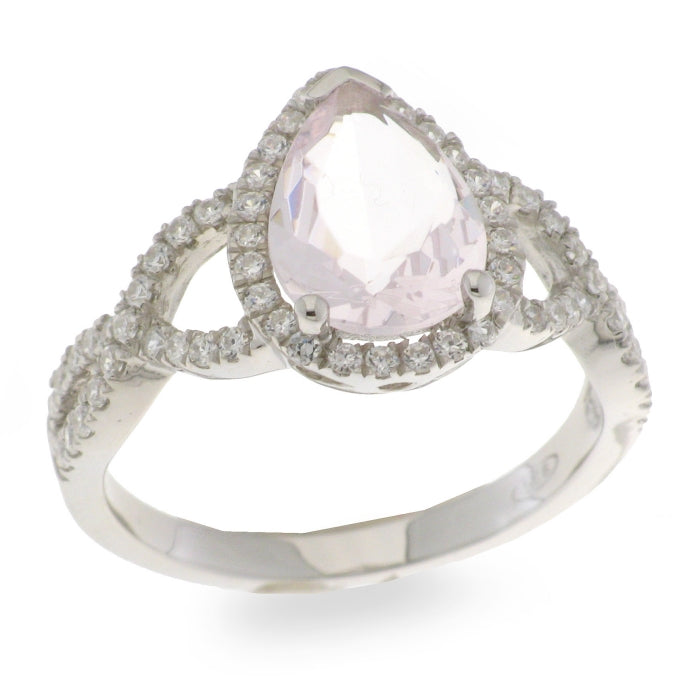 Silver pear halo cluster ring with soft pink gemstones by Comero, featuring a delicate design and sparkling gemstone accents.
