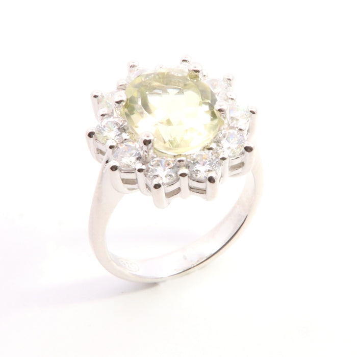 Silver Pale Peridot & CZ Diana Cluster Ring