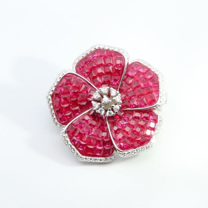 Silver CZ Flower Brooch | Ruby Red