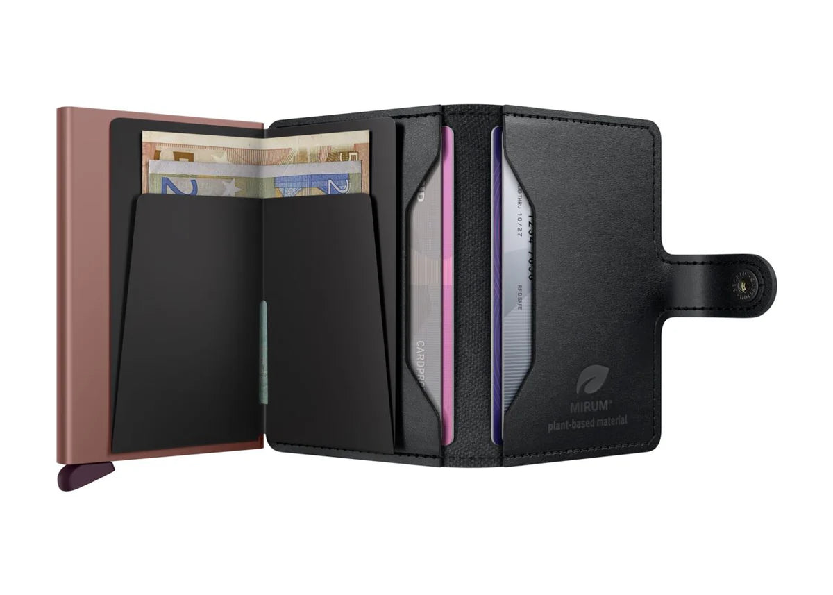 Secrid Miniwallet Mirum Black Rose open showing card slots and compact leather design for secure card storage.