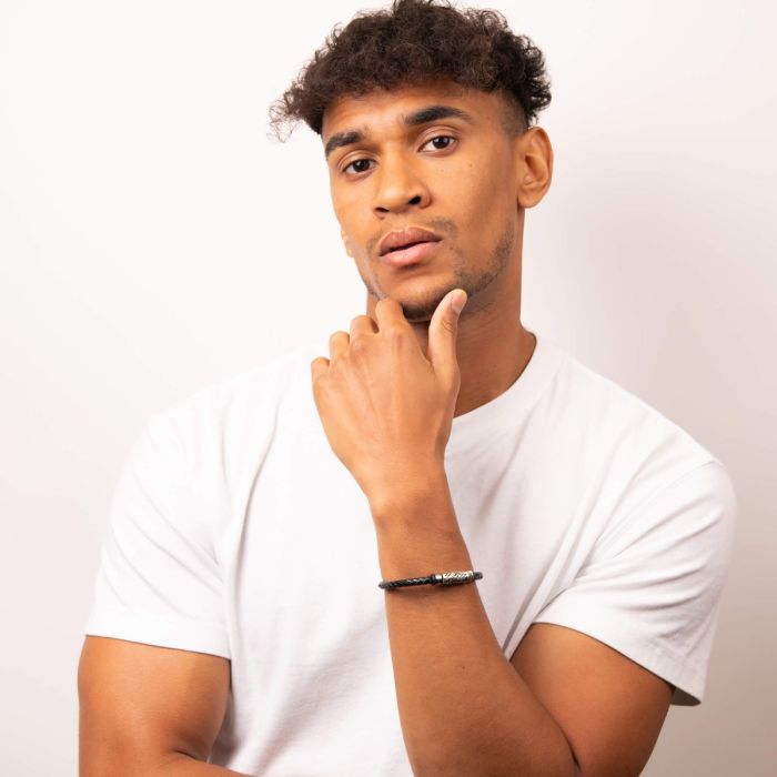 FRED BENNETT Black Geometric Leather Wristband - John Ross Jewellers