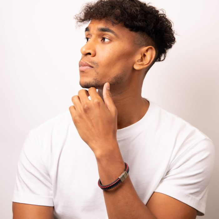 FRED BENNETT Woven Blue, Red & Grey Leather Bracelet - John Ross Jewellers