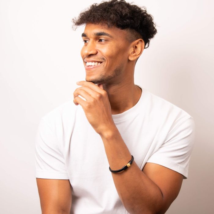 FRED BENNETT Black & Gold Leather Wristband - John Ross Jewellers