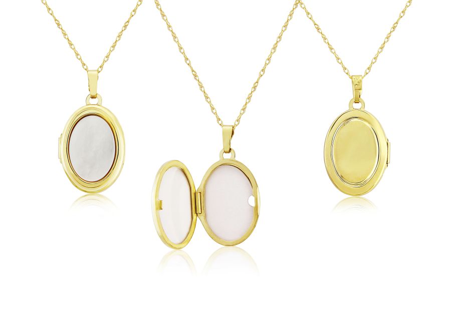 9ct gold oval locket necklace with mother of pearl pendant by Mark Milton, showcasing a elegant jewelry piece.